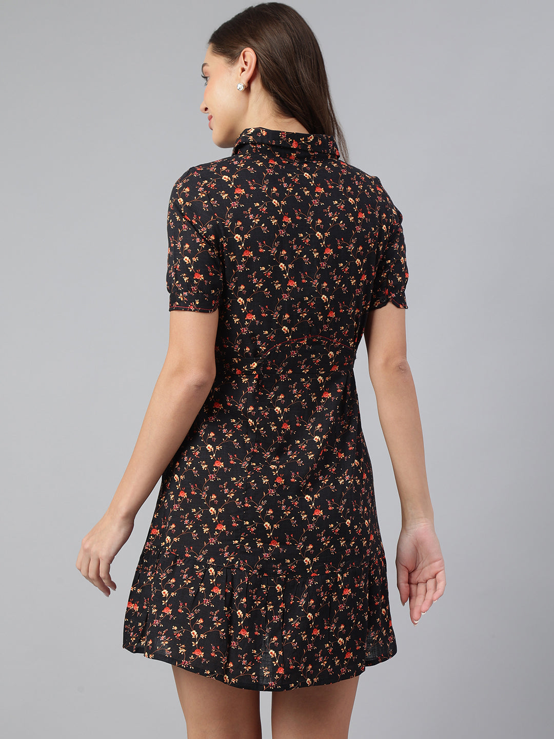 Trendy Black Half Sleeve Collar Printed Casual Dress For Effortless Chic