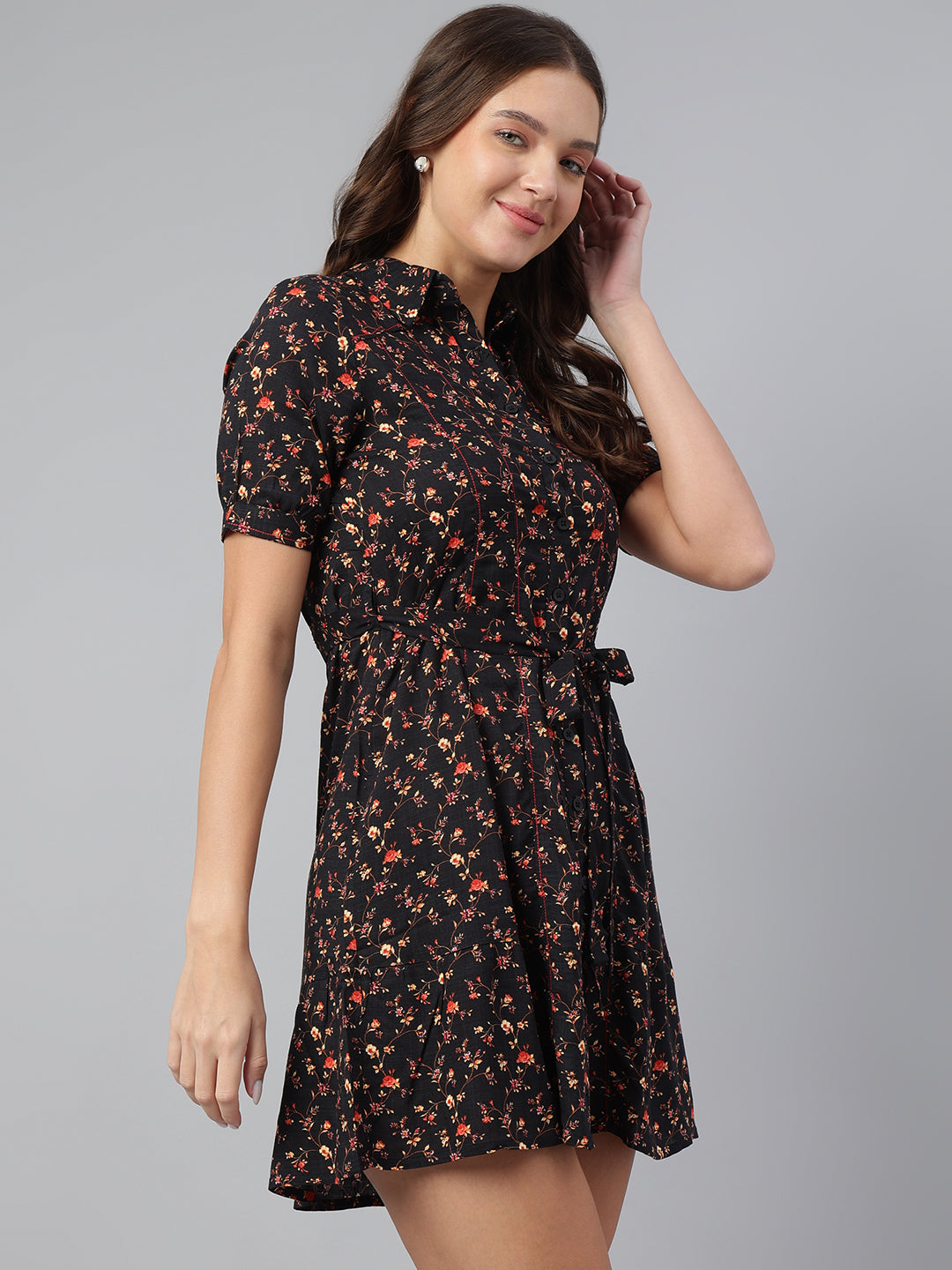 Trendy Black Half Sleeve Collar Printed Casual Dress For Effortless Chic
