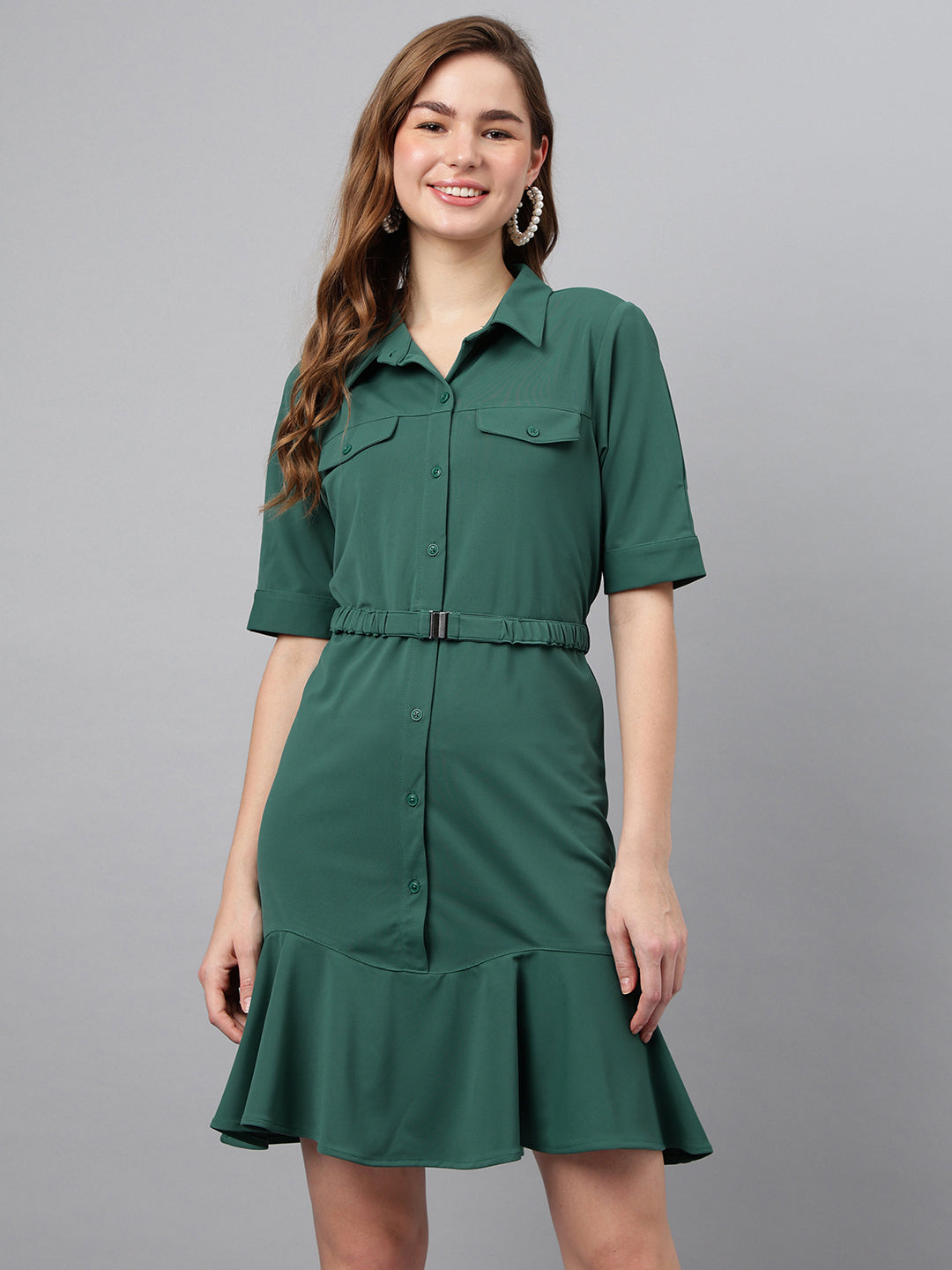 Green Shirt Collar Short Sleeves Solid A-Line Dress For Casual Wear