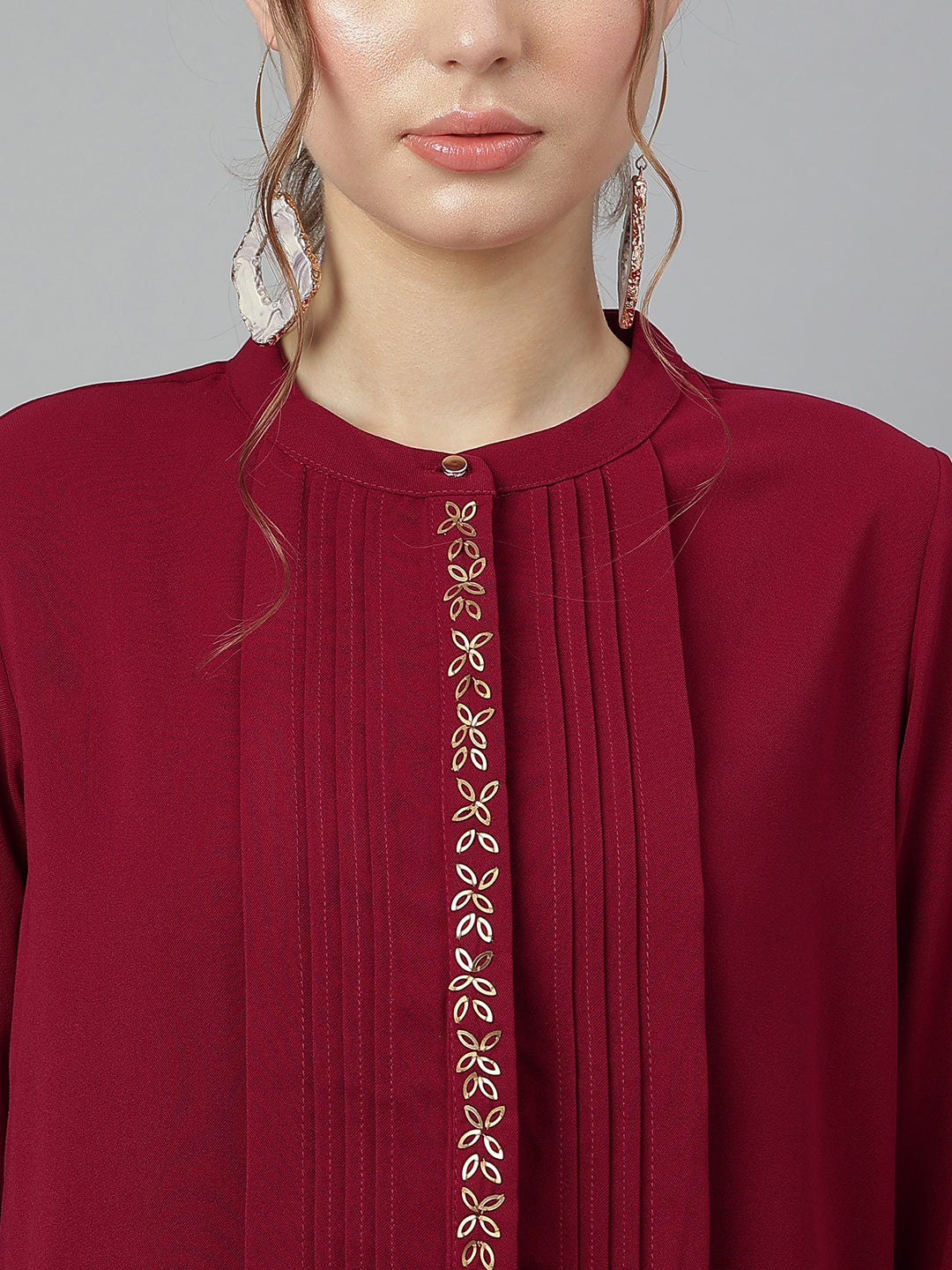 Maroon Round Neck Long Sleeves Solid Co-Ord Set For Casual Wear