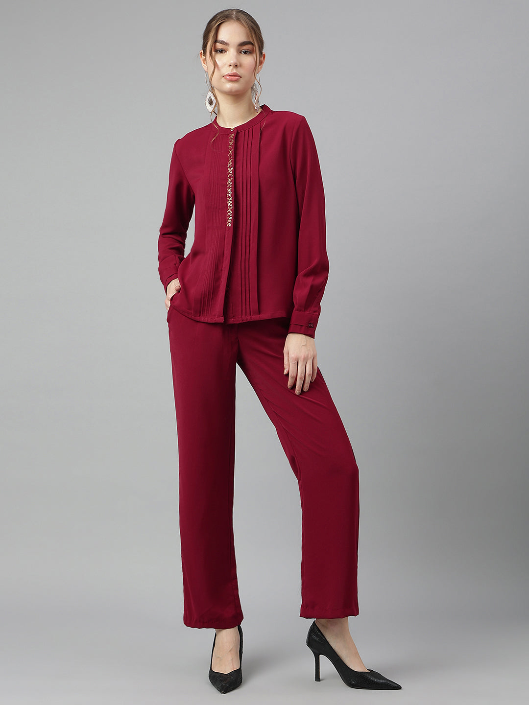 Maroon Round Neck Long Sleeves Solid Co-Ord Set For Casual Wear