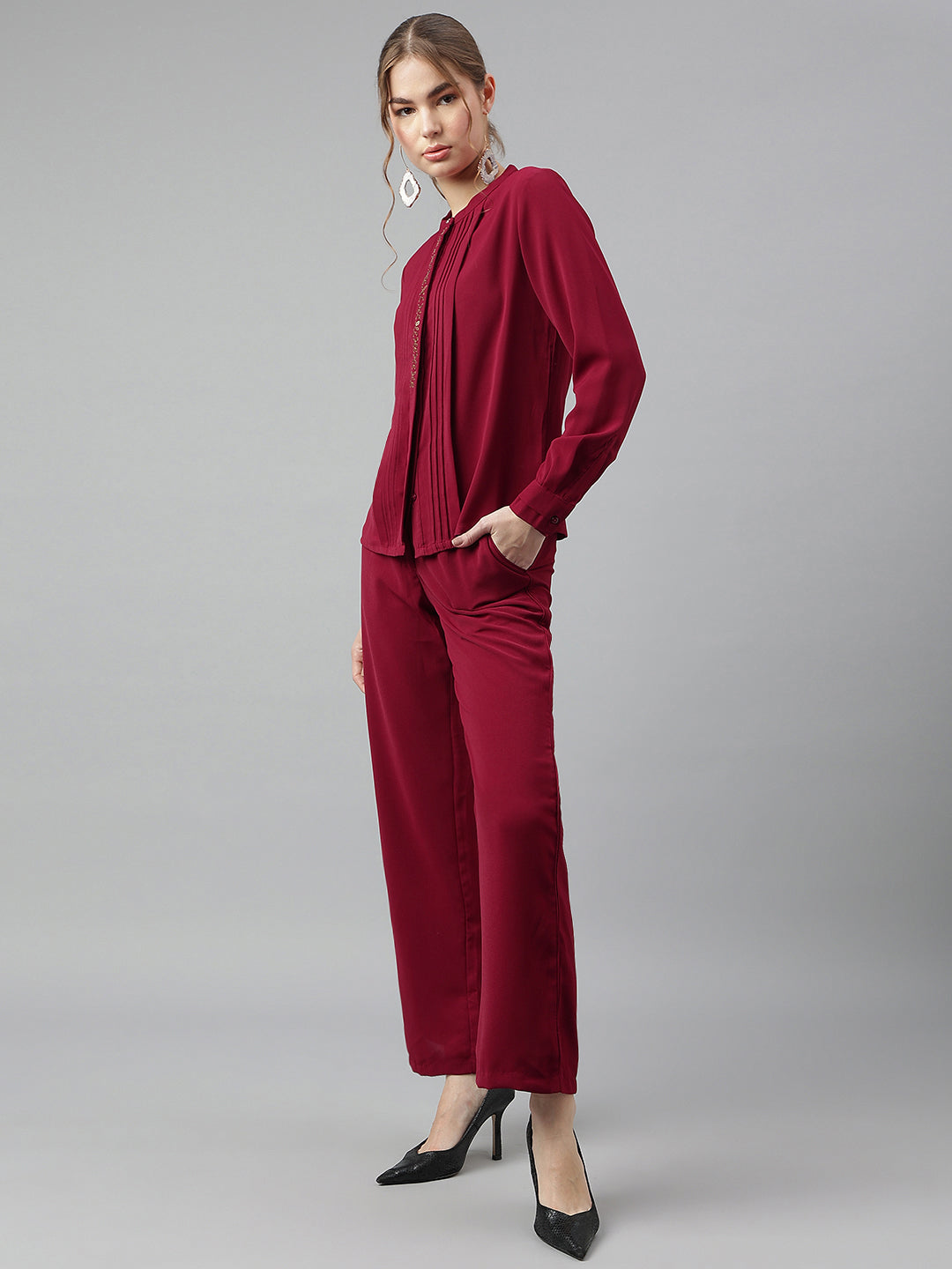 Maroon Round Neck Long Sleeves Solid Co-Ord Set For Casual Wear