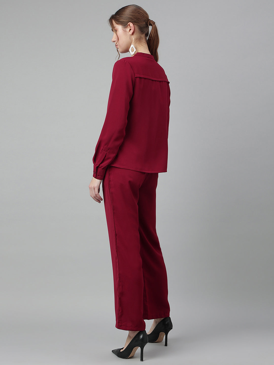 Maroon Round Neck Long Sleeves Solid Co-Ord Set For Casual Wear