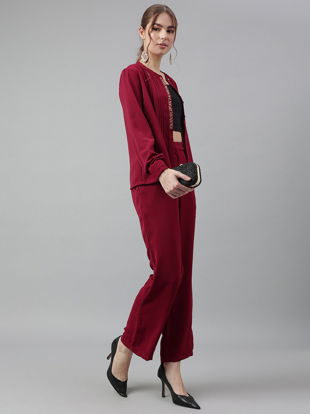 Maroon Round Neck Long Sleeves Solid Co-Ord Set For Casual Wear