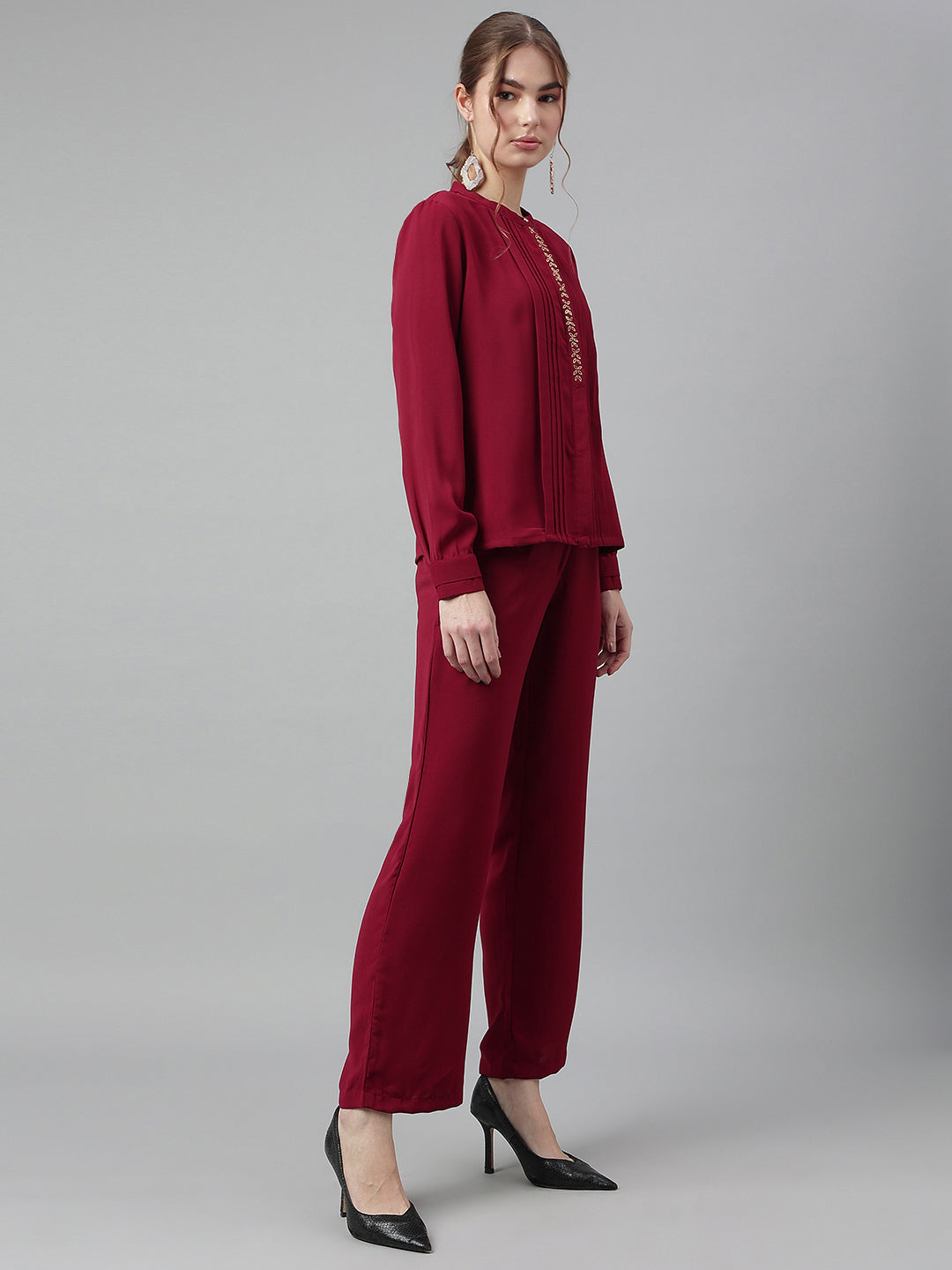 Maroon Round Neck Long Sleeves Solid Co-Ord Set For Casual Wear
