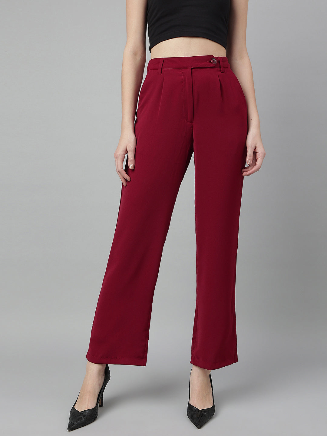 Maroon Round Neck Long Sleeves Solid Co-Ord Set For Casual Wear