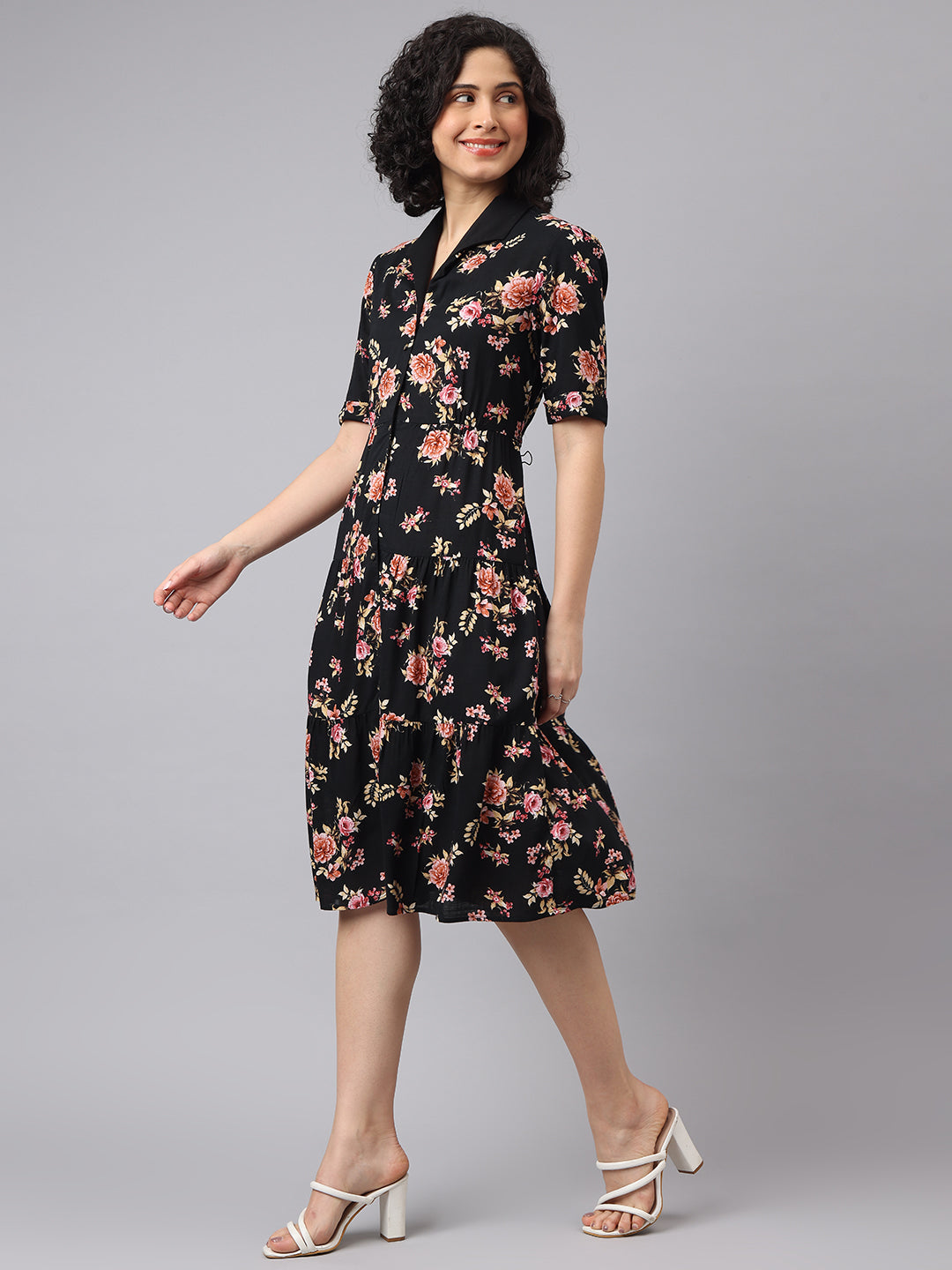 Latin Quarters Women Black V-Neck Half Sleeves Printed Shirt Dress For Casual Wear