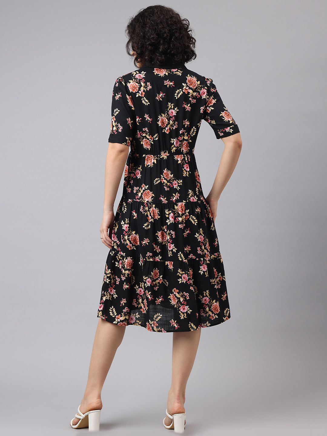 Latin Quarters Women Black V-Neck Half Sleeves Printed Shirt Dress For Casual Wear