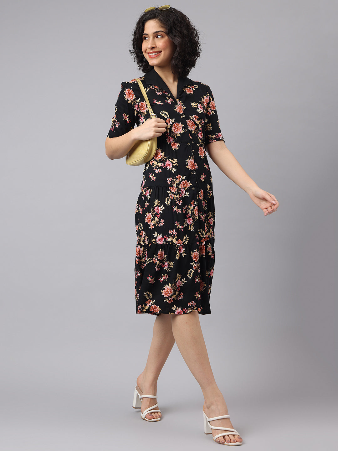 Latin Quarters Women Black V-Neck Half Sleeves Printed Shirt Dress For Casual Wear