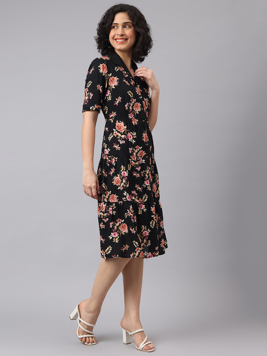 Latin Quarters Women Black V-Neck Half Sleeves Printed Shirt Dress For Casual Wear