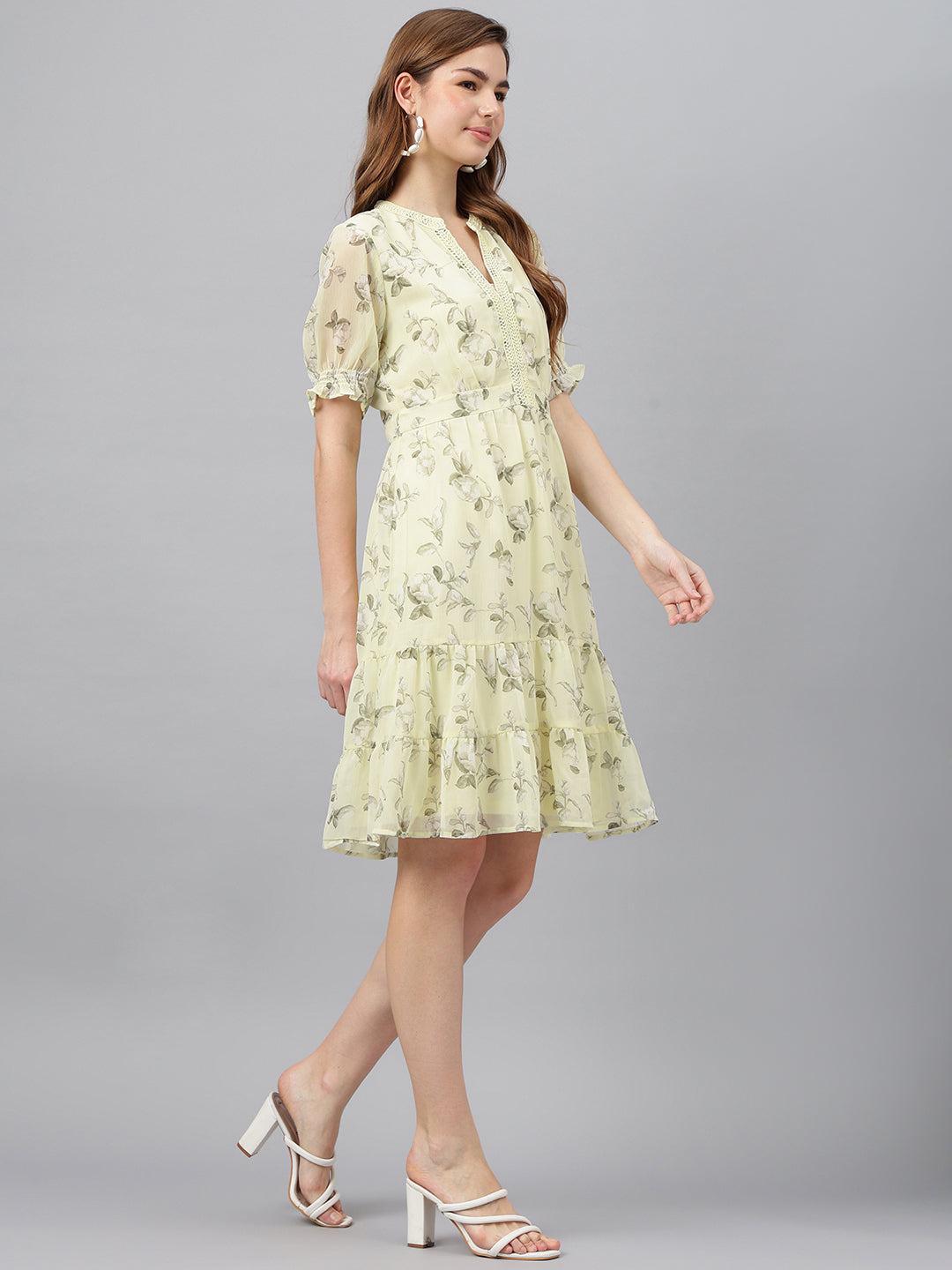 Yellow V-Neck Short Sleeves Printed A-Line Dress For Casual Wear