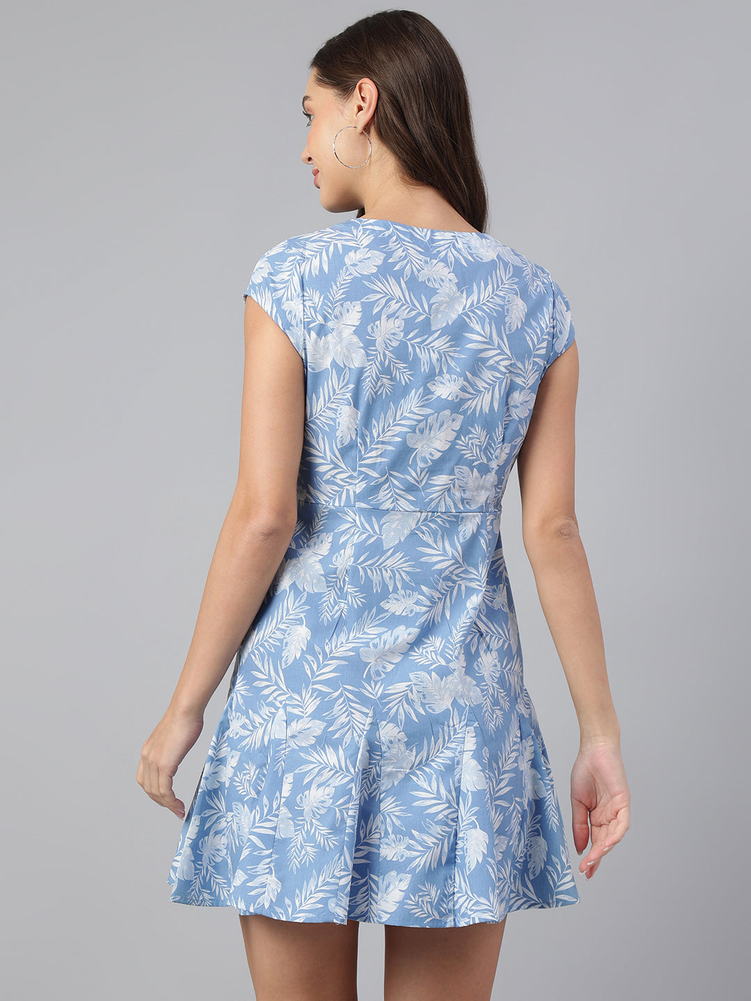Fresh Blue Cap Sleeve V-Neck Printed Casual Dress For Effortless Style