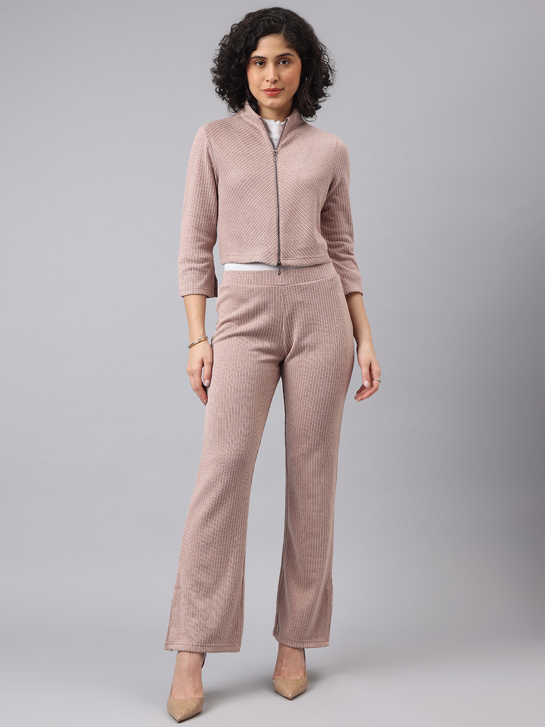 Cozy Brown 3/4 Sleeve V-Neck Solid Casual Co-Ord Set For Effortless Style