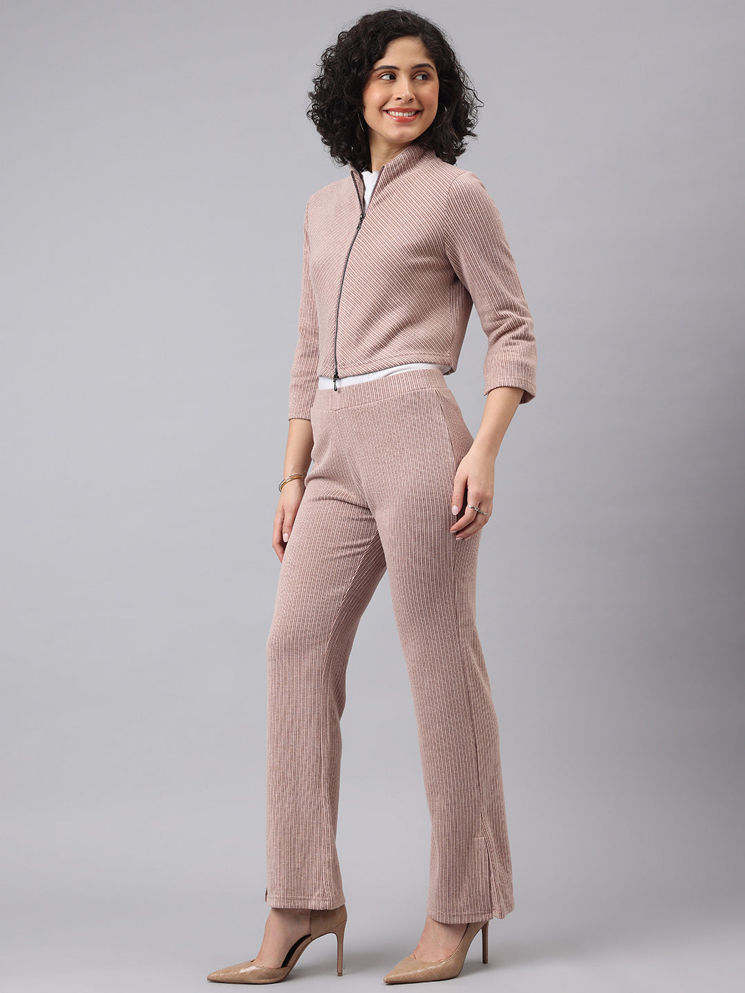 Cozy Brown 3/4 Sleeve V-Neck Solid Casual Co-Ord Set For Effortless Style