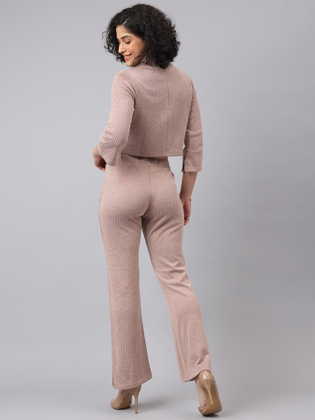 Cozy Brown 3/4 Sleeve V-Neck Solid Casual Co-Ord Set For Effortless Style