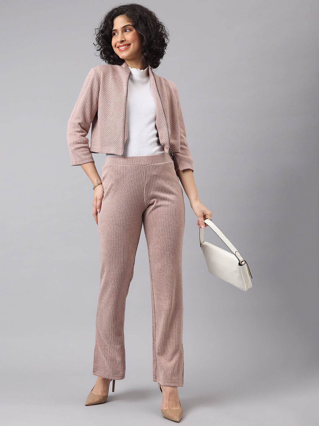 Cozy Brown 3/4 Sleeve V-Neck Solid Casual Co-Ord Set For Effortless Style