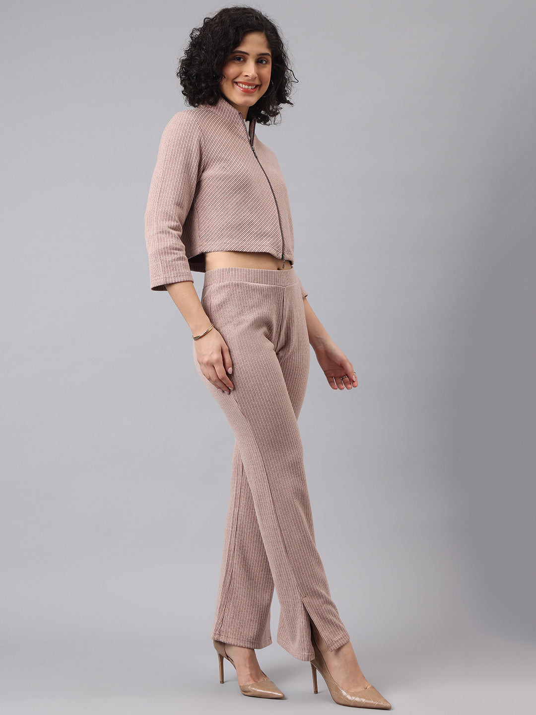 Cozy Brown 3/4 Sleeve V-Neck Solid Casual Co-Ord Set For Effortless Style