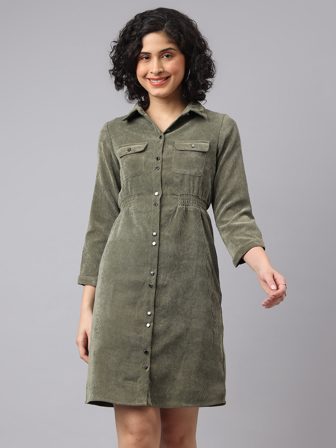 Sleek Green Olive 3/4 Sleeve Collar Solid Casual Dress For Everyday Chic