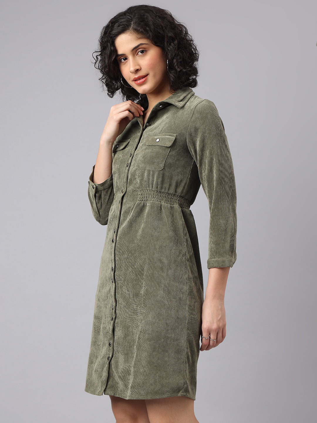 Sleek Green Olive 3/4 Sleeve Collar Solid Casual Dress For Everyday Chic
