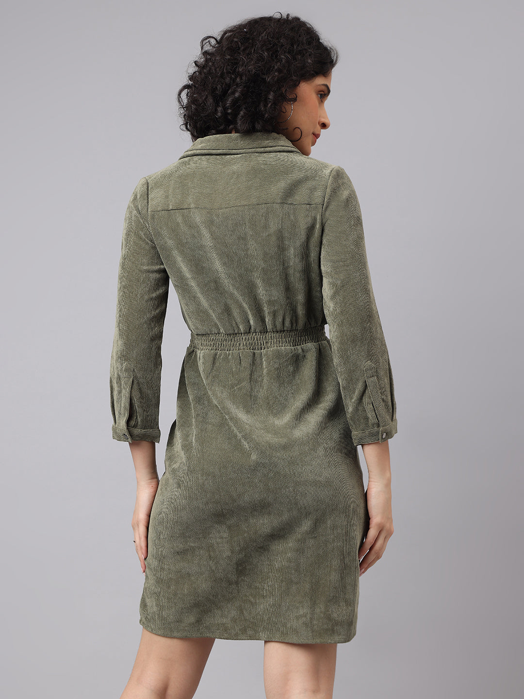 Sleek Green Olive 3/4 Sleeve Collar Solid Casual Dress For Everyday Chic