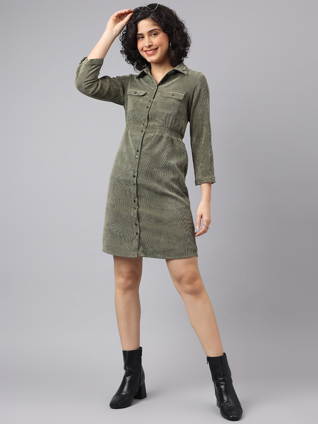 Sleek Green Olive 3/4 Sleeve Collar Solid Casual Dress For Everyday Chic