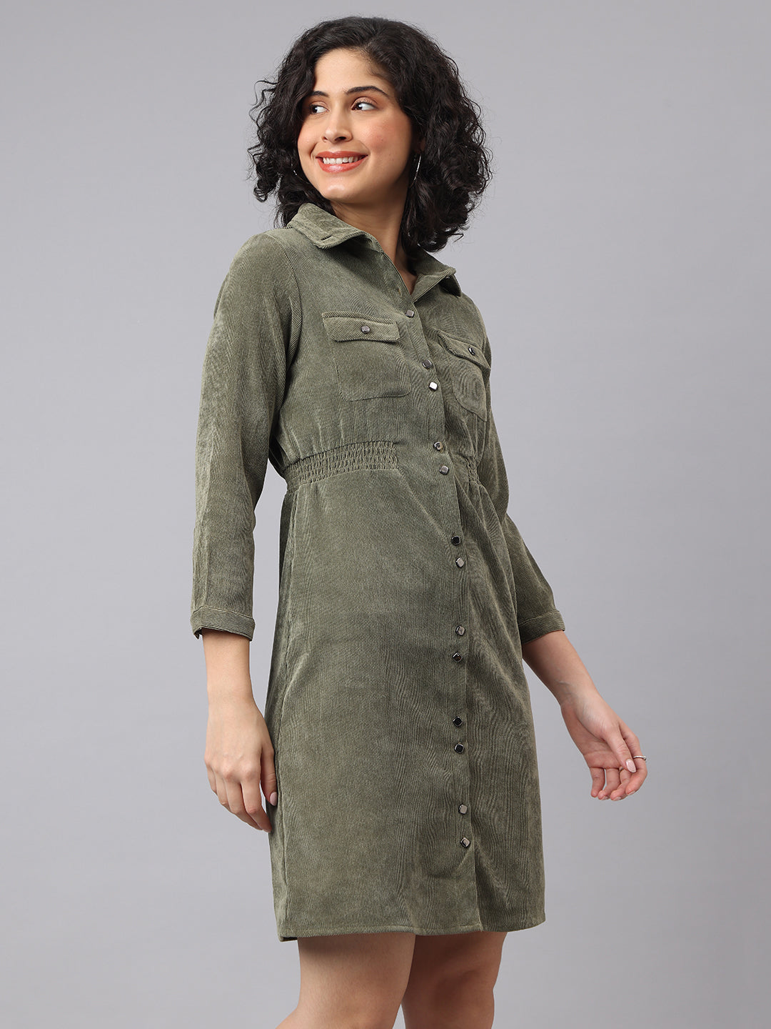 Sleek Green Olive 3/4 Sleeve Collar Solid Casual Dress For Everyday Chic