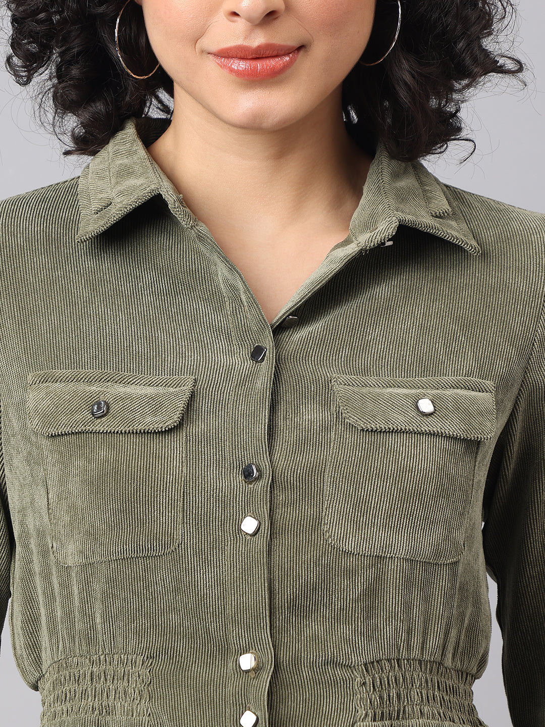 Sleek Green Olive 3/4 Sleeve Collar Solid Casual Dress For Everyday Chic