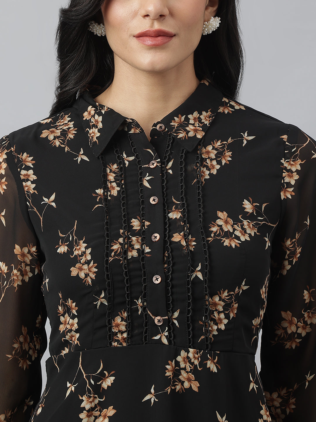 Latin Quarters Women Black Full Sleeve Collared Neck Printed A-Line Mini Dress For Casual Wear