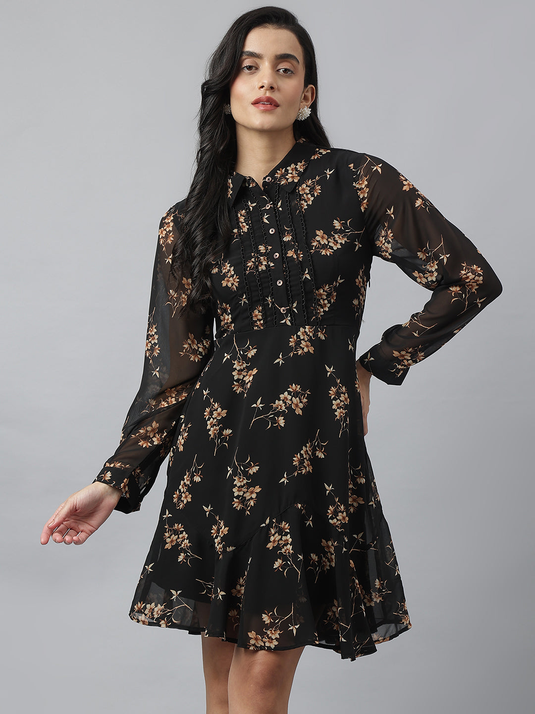 Latin Quarters Women Black Full Sleeve Collared Neck Printed A-Line Mini Dress For Casual Wear