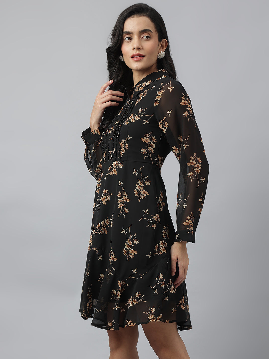 Latin Quarters Women Black Full Sleeve Collared Neck Printed A-Line Mini Dress For Casual Wear