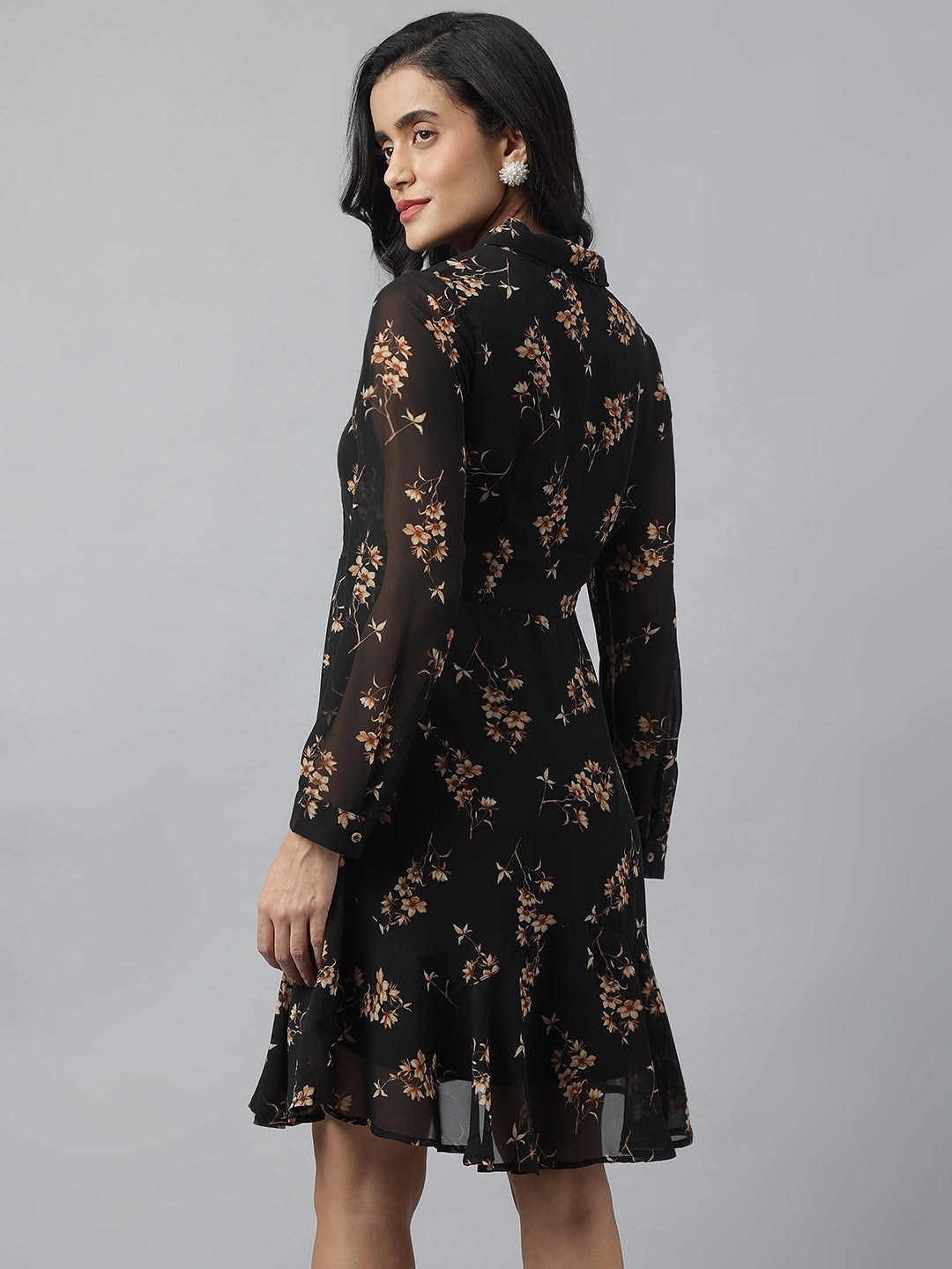 Latin Quarters Women Black Full Sleeve Collared Neck Printed A-Line Mini Dress For Casual Wear