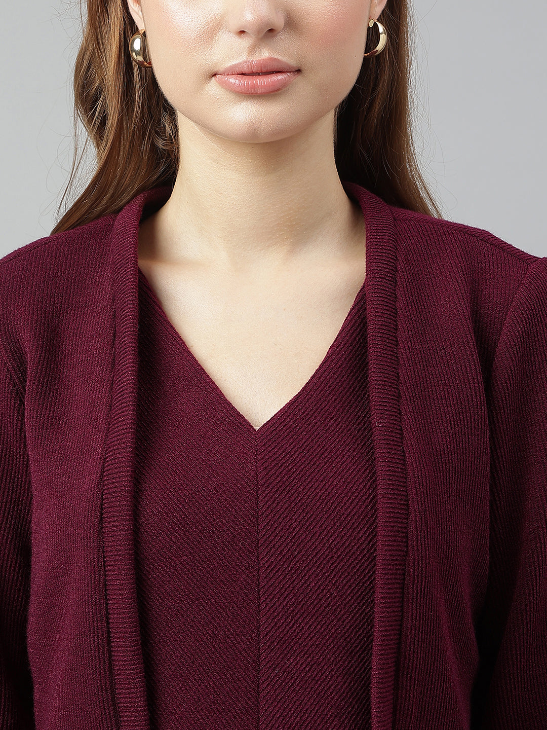 Maroon V-Neck Three-Quarter Sleeves Solid Bodycon Dress For Casual Wear