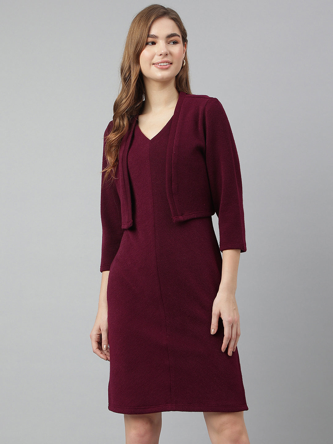 Maroon V-Neck Three-Quarter Sleeves Solid Bodycon Dress For Casual Wear