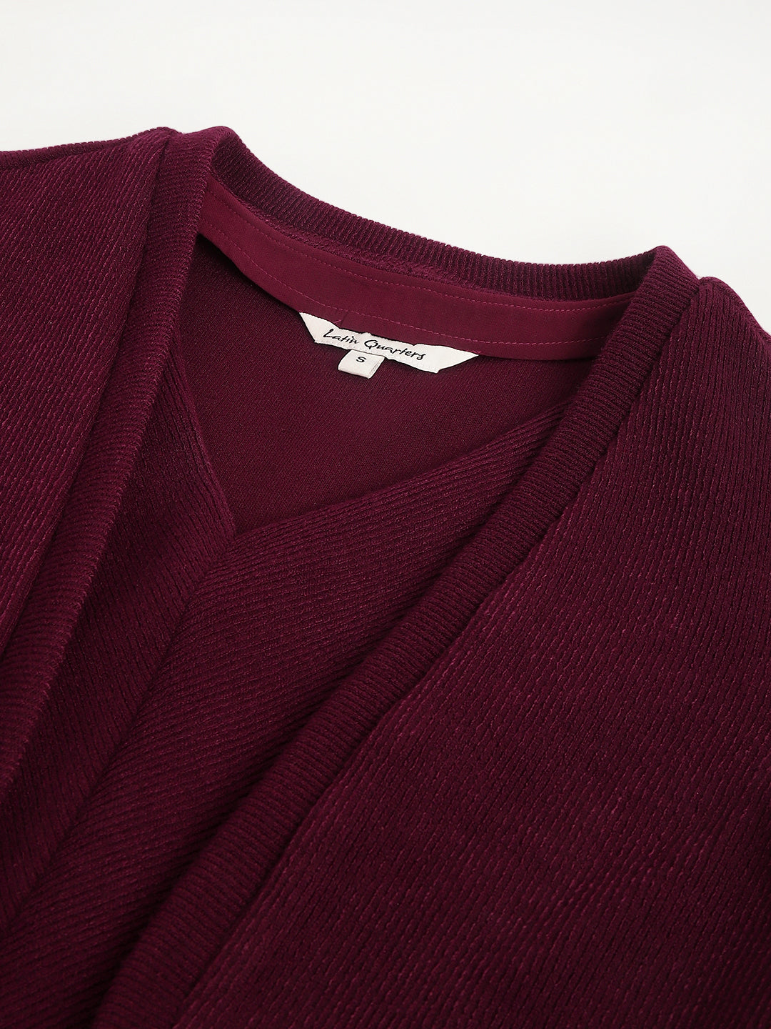 Maroon V-Neck Three-Quarter Sleeves Solid Bodycon Dress For Casual Wear
