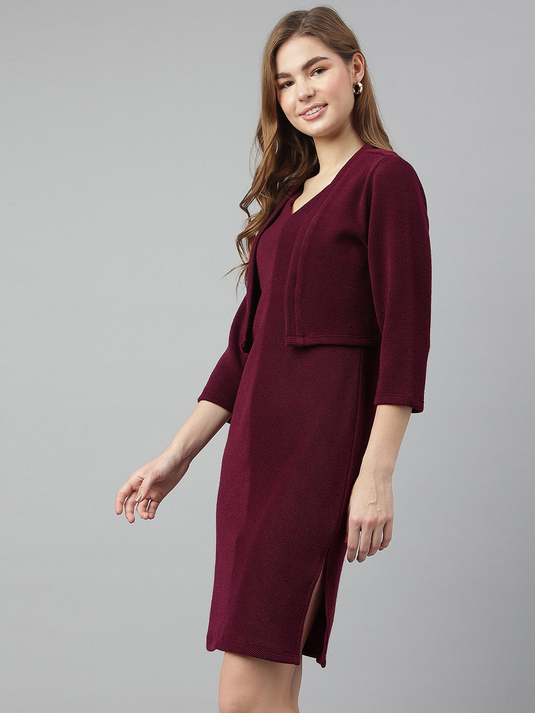 Maroon V-Neck Three-Quarter Sleeves Solid Bodycon Dress For Casual Wear