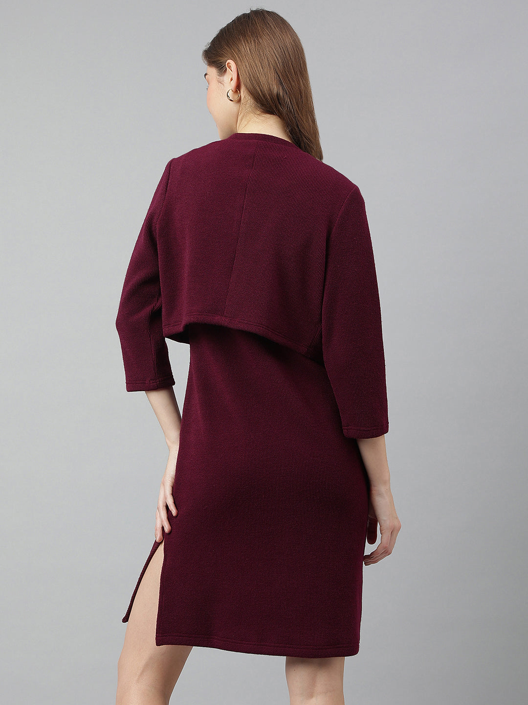 Maroon V-Neck Three-Quarter Sleeves Solid Bodycon Dress For Casual Wear