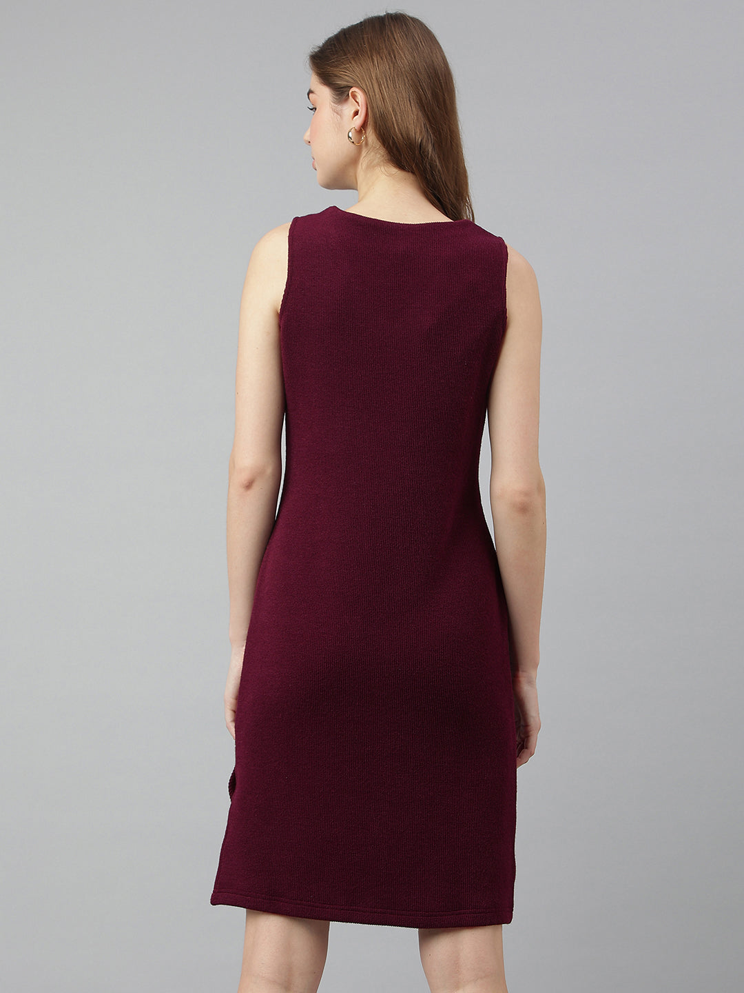 Maroon V-Neck Three-Quarter Sleeves Solid Bodycon Dress For Casual Wear