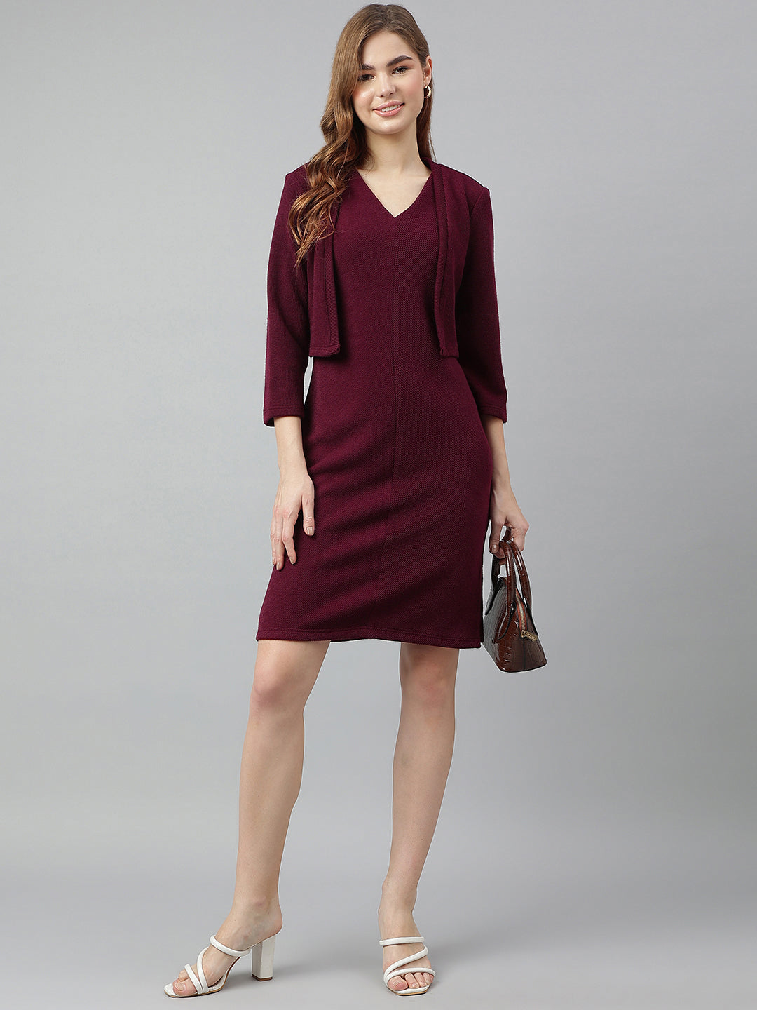 Maroon V-Neck Three-Quarter Sleeves Solid Bodycon Dress For Casual Wear