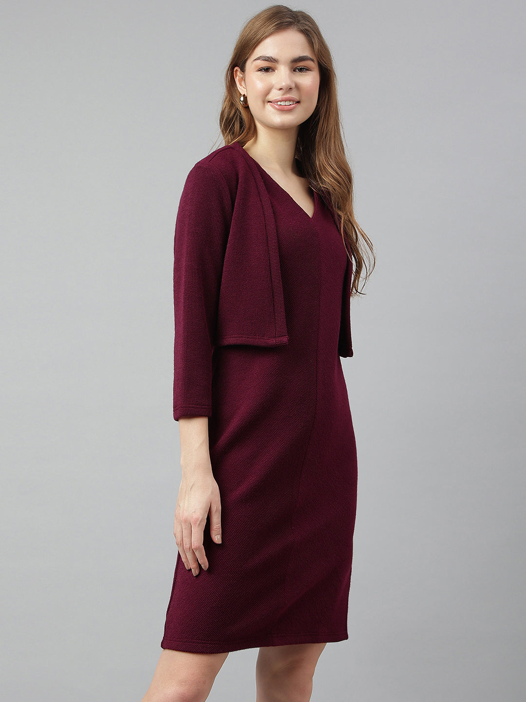 Maroon V-Neck Three-Quarter Sleeves Solid Bodycon Dress For Casual Wear