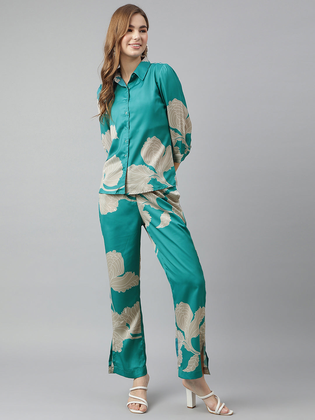 Blue Shirt Collar Three-Quarter Sleeves Printed Co-Ord Set For Casual Wear