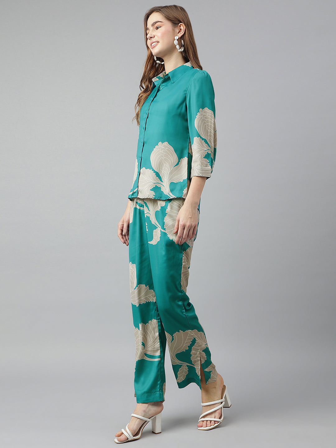 Blue Shirt Collar Three-Quarter Sleeves Printed Co-Ord Set For Casual Wear