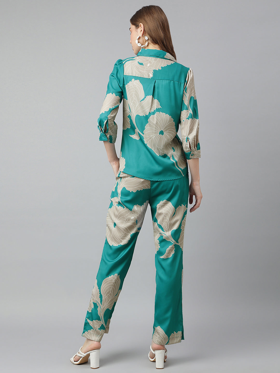 Blue Shirt Collar Three-Quarter Sleeves Printed Co-Ord Set For Casual Wear