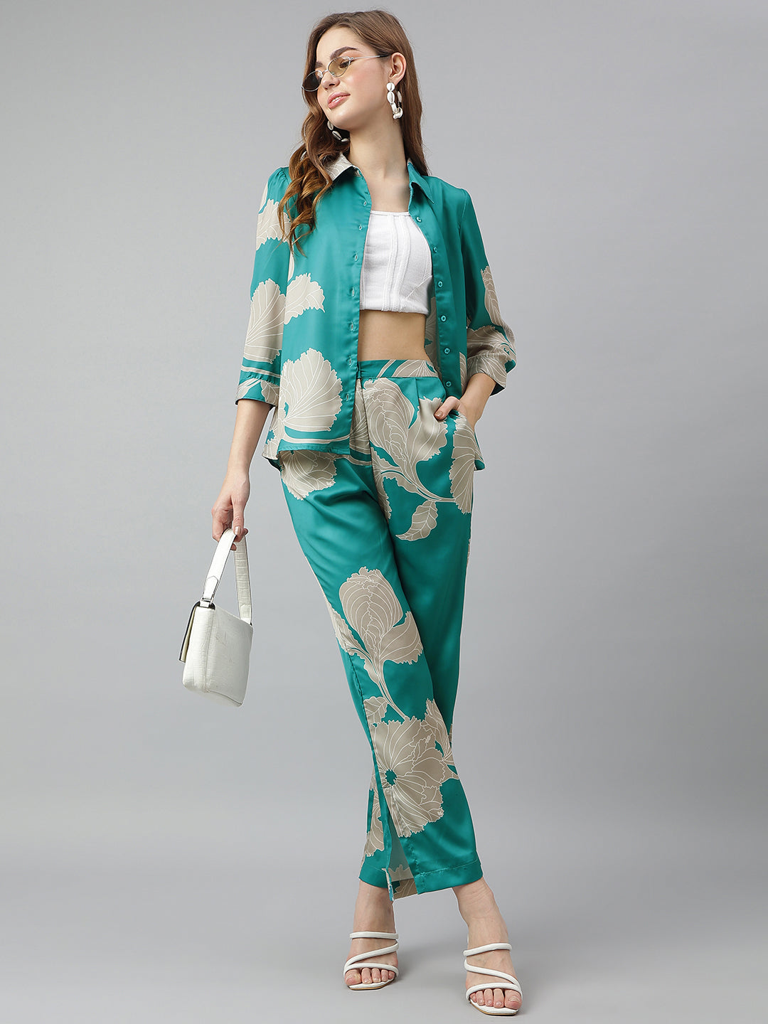 Blue Shirt Collar Three-Quarter Sleeves Printed Co-Ord Set For Casual Wear