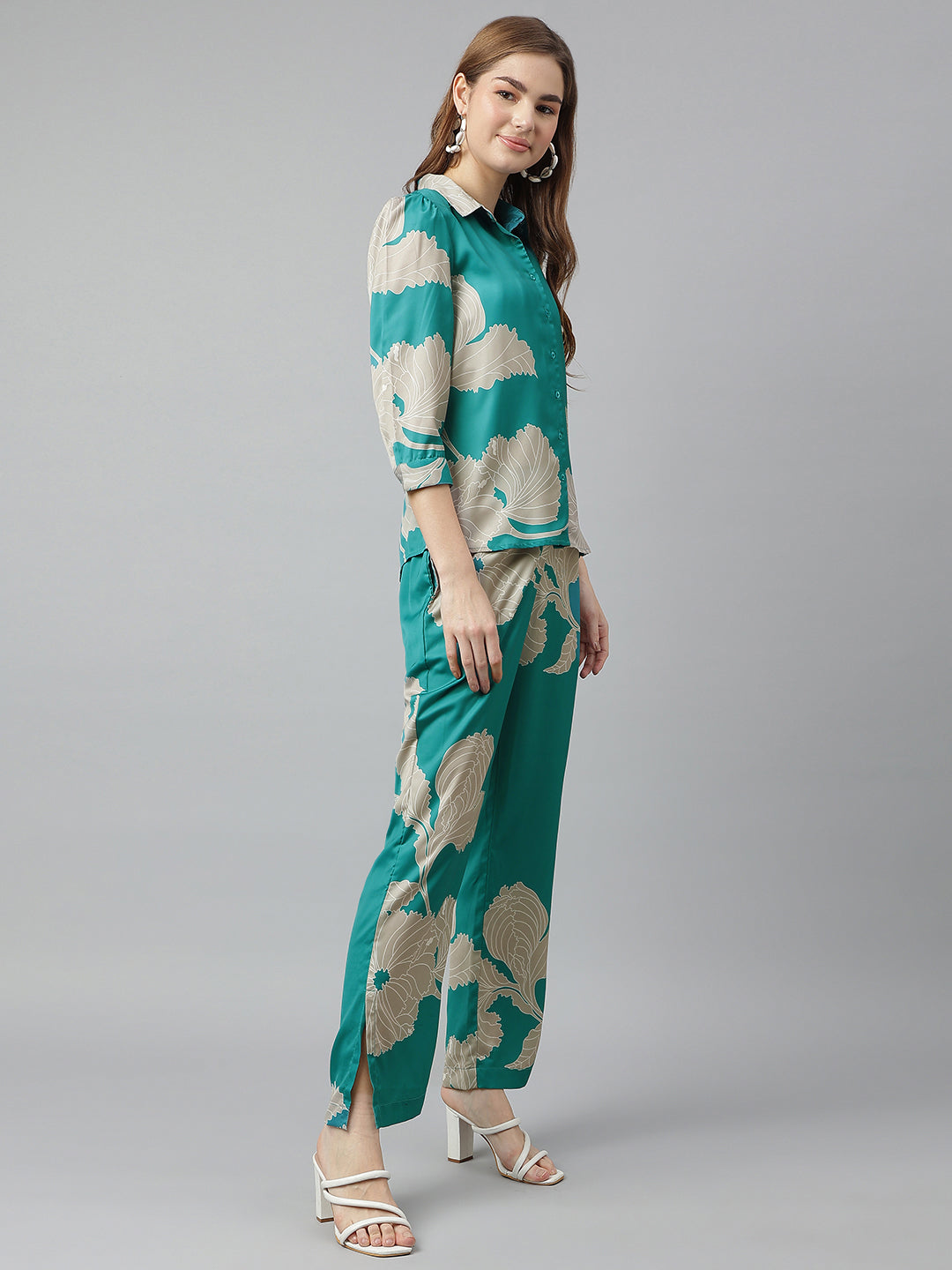 Blue Shirt Collar Three-Quarter Sleeves Printed Co-Ord Set For Casual Wear