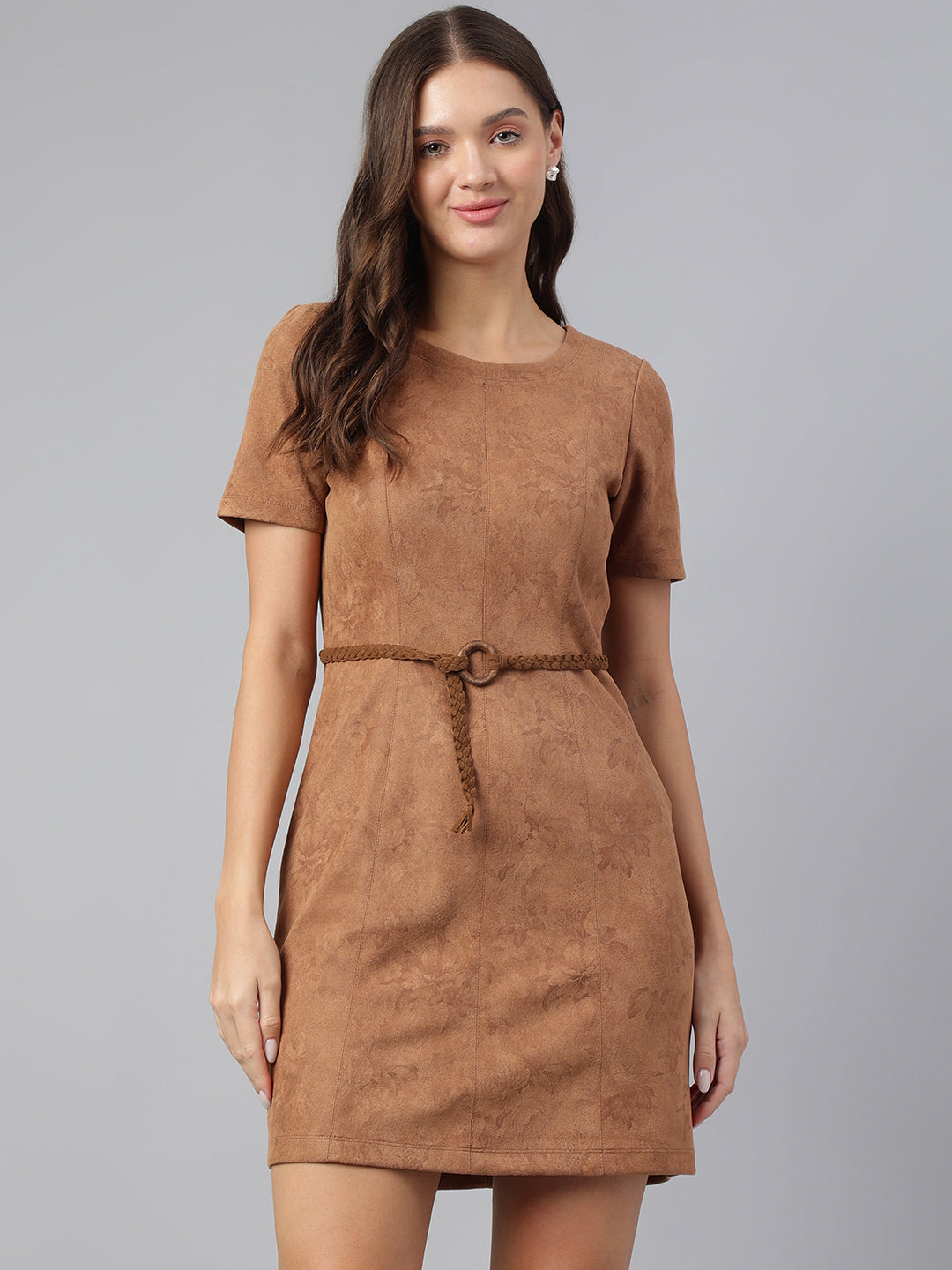 Stylish Brown Short Sleeve Round Neck Solid Casual Dress For Everyday Comfort