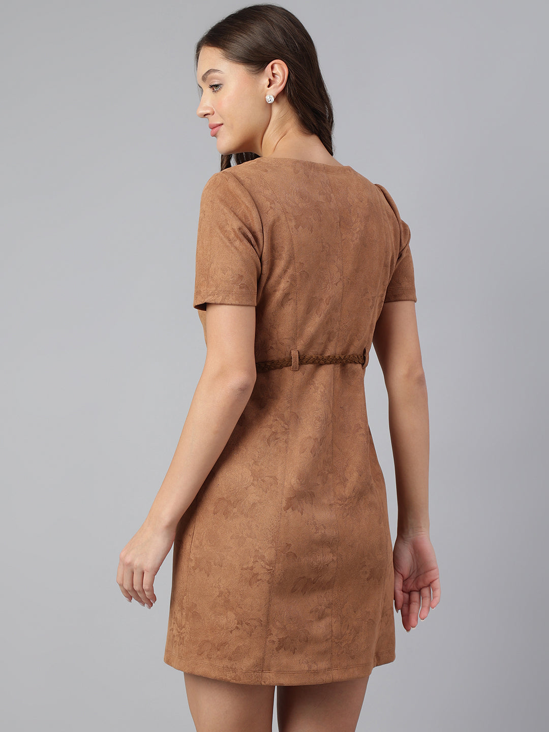Stylish Brown Short Sleeve Round Neck Solid Casual Dress For Everyday Comfort