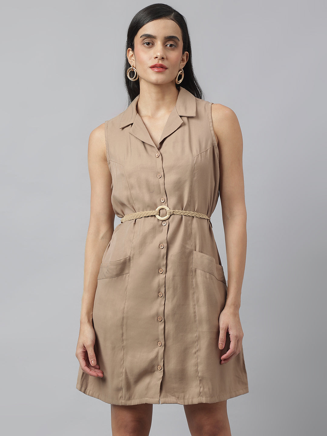 Beige Sleeveless Collared Neck Solid Above Knee Dress For Casual Wear