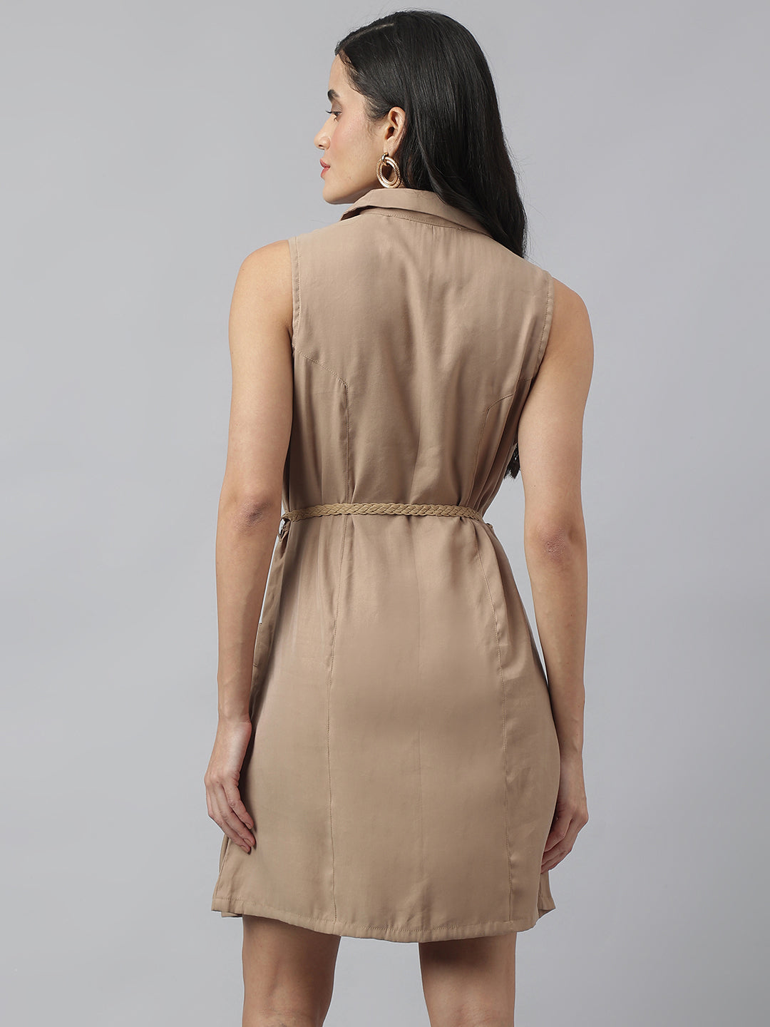 Beige Sleeveless Collared Neck Solid Above Knee Dress For Casual Wear
