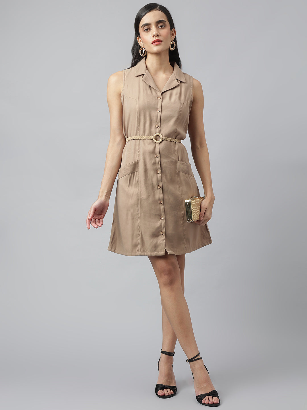 Beige Sleeveless Collared Neck Solid Above Knee Dress For Casual Wear