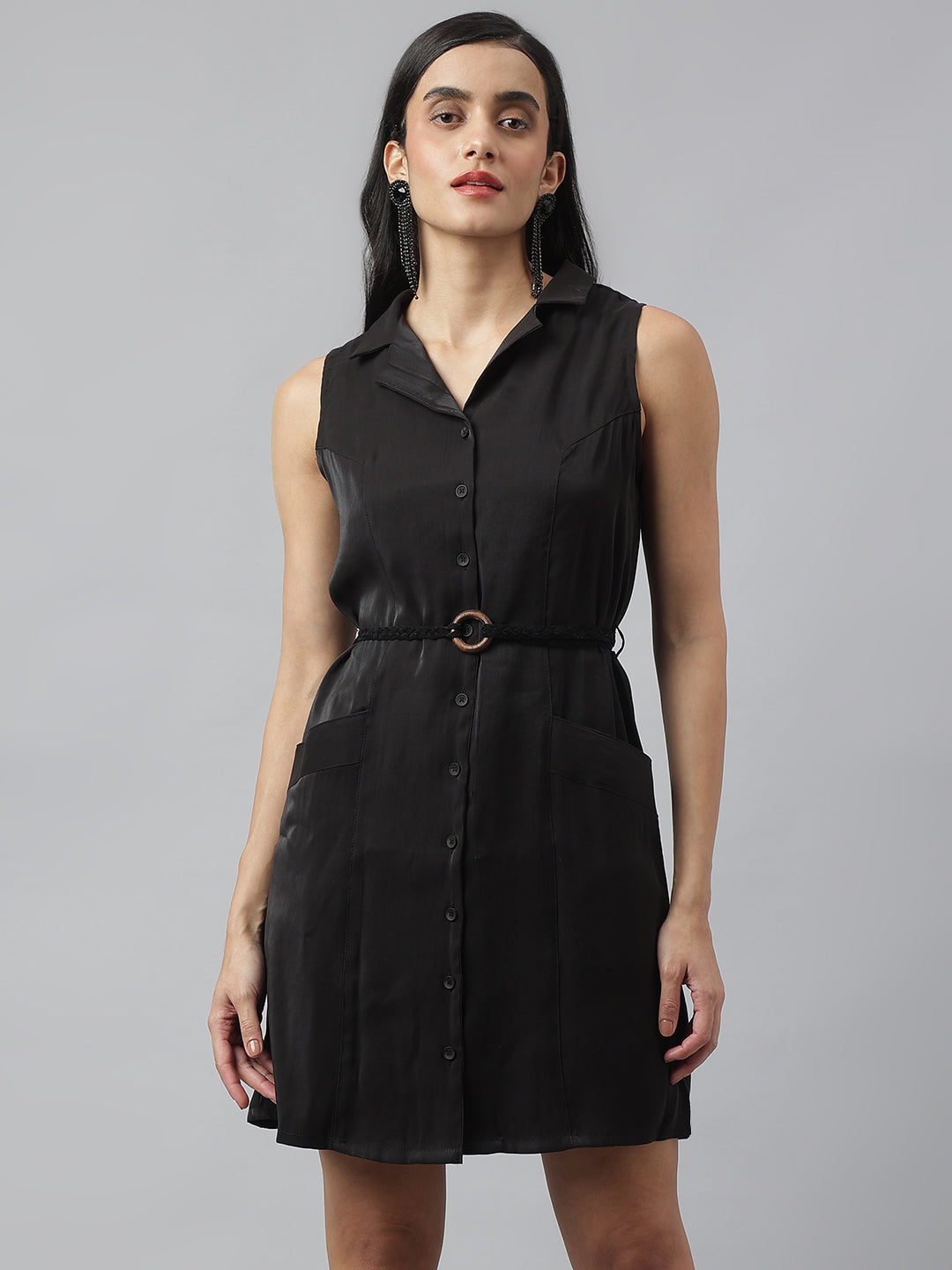 Black Sleeveless Collared Neck Solid Above Knee Dress For Casual Wear